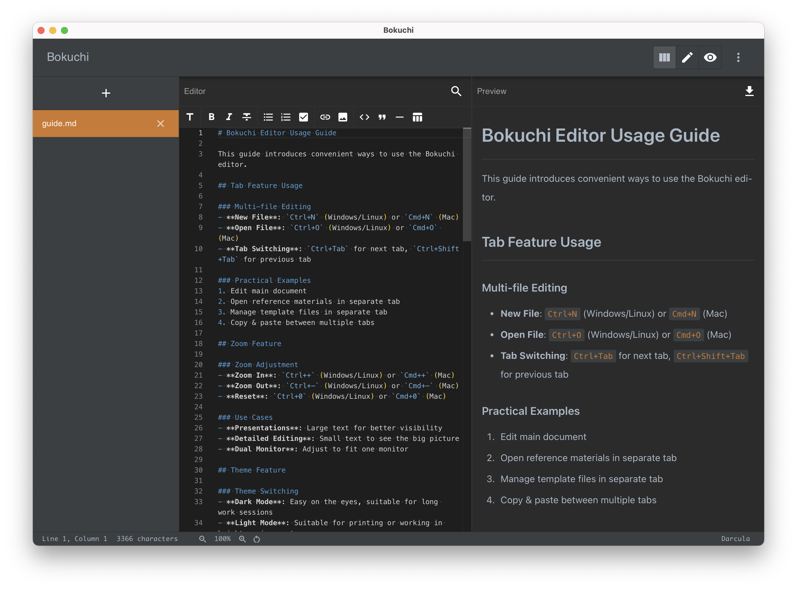 Bokuchi editor with split view